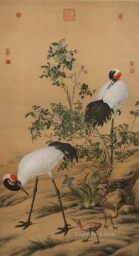 中国の伝統芸術 Painting - 中国の伝統的な花の中で輝くラング鶴
